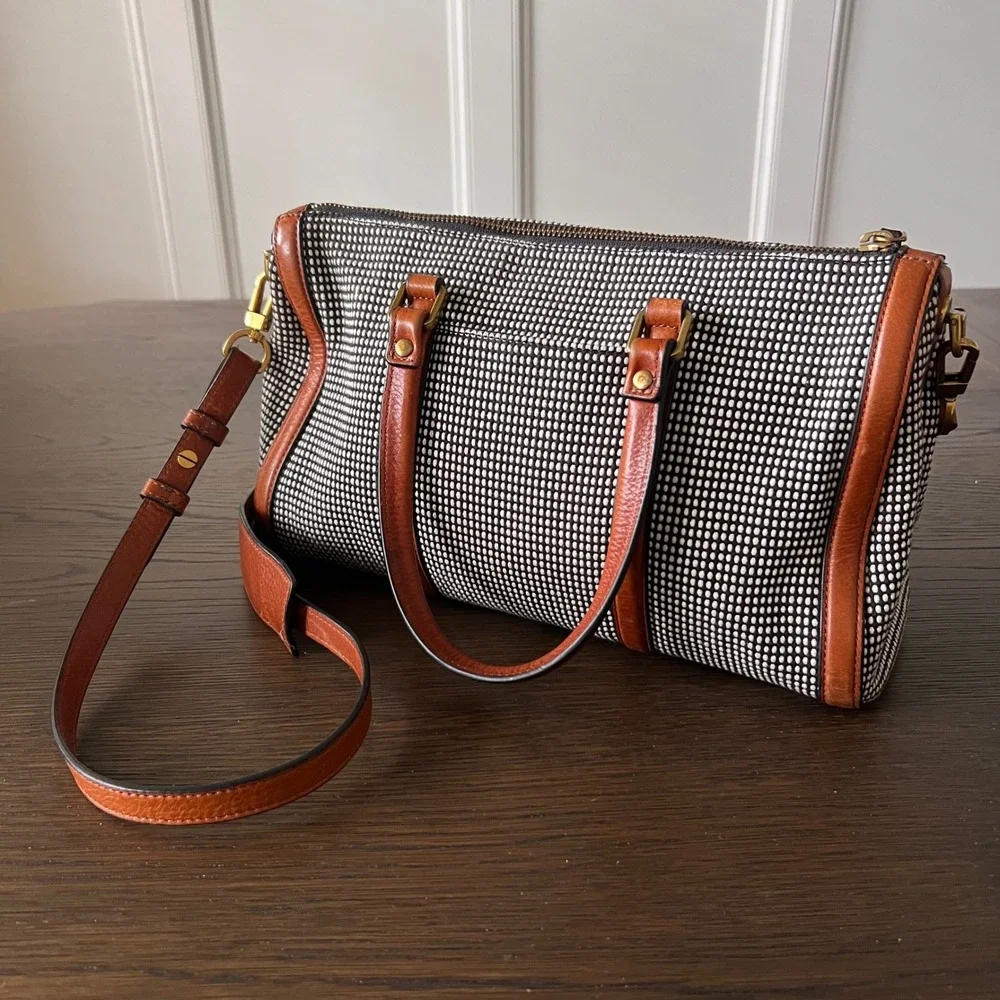 Fossil Rachel Satchel Black White Woven Dotted Leather Trim Crossbody Bag